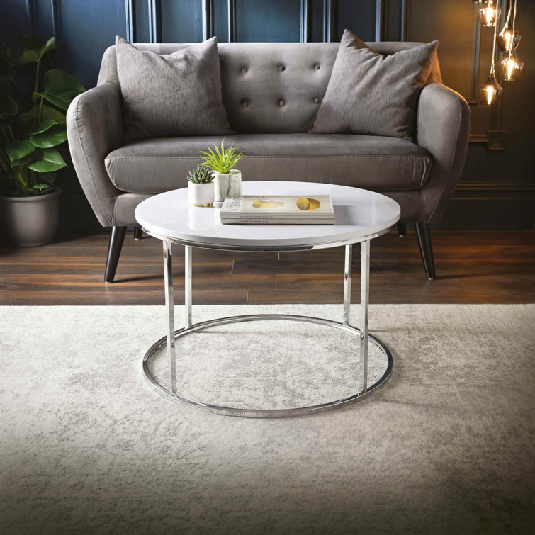 Aralyn Contemporary White High Gloss Round Coffee Table with a Metal Base